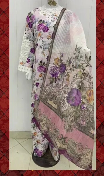 Original Pakistani Textured Lawn with Farshi Salwar. Brand: Sahiba's By Mirza  _ Off White & Purple 